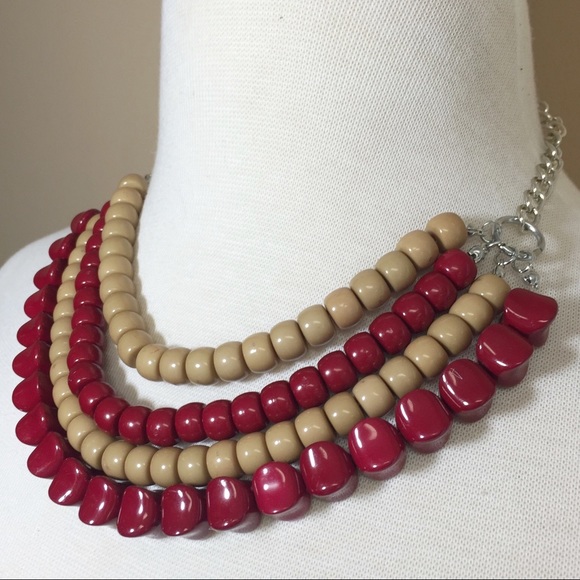 Layered Maroon Red Tan Brown Necklace Earrings Set - Picture 3 of 3